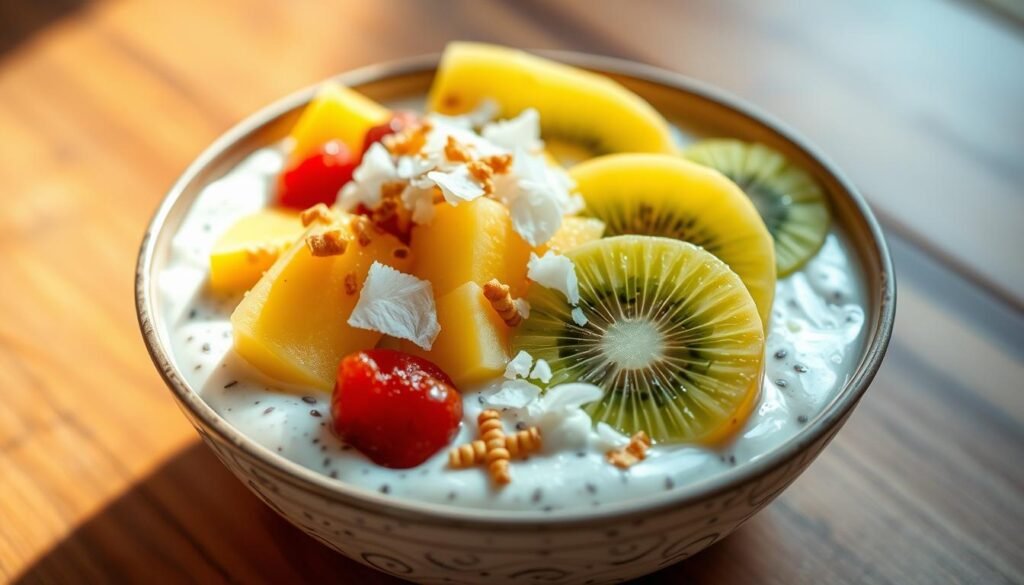 coconut milk chia pudding with tropical toppings