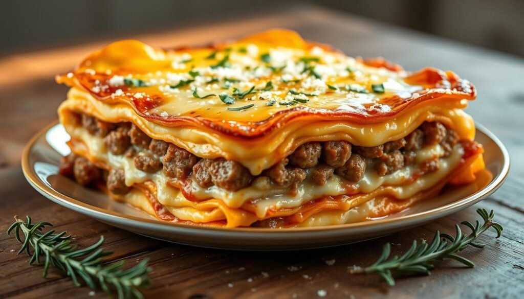 Breakfast lasagna with sausage and eggs