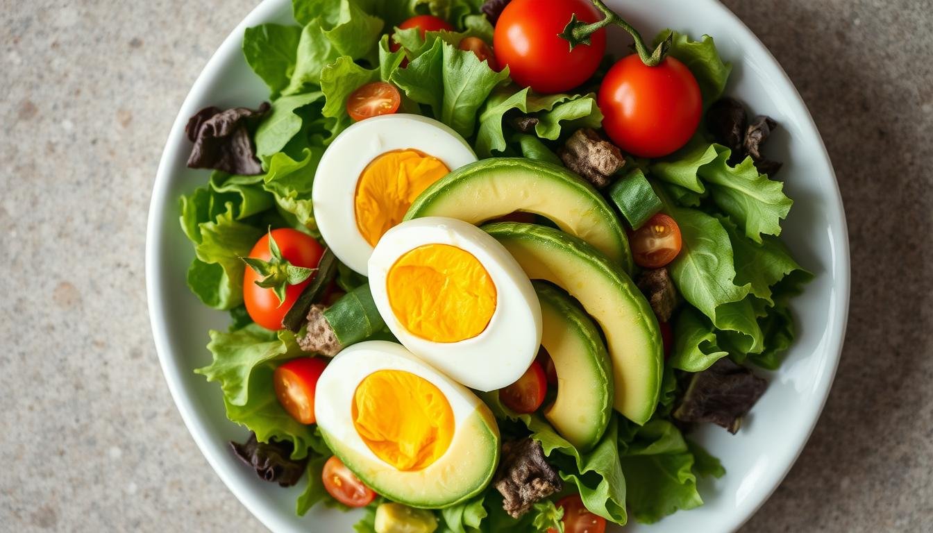Breakfast salads with avocado and eggs