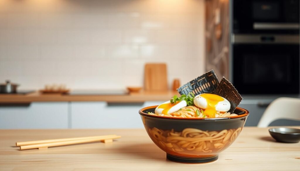 Breakfast ramen with poached eggs