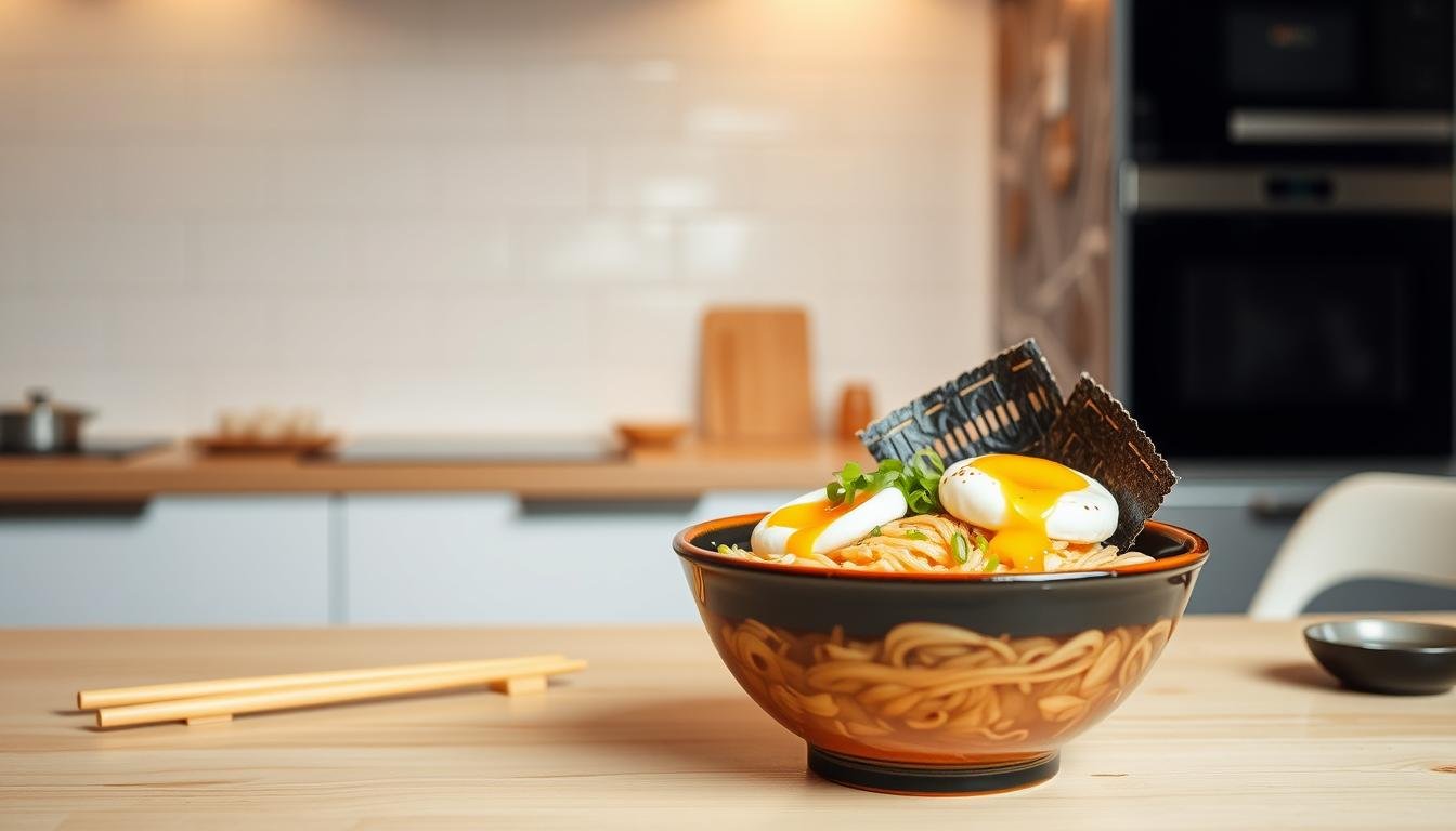 Breakfast ramen with poached eggs