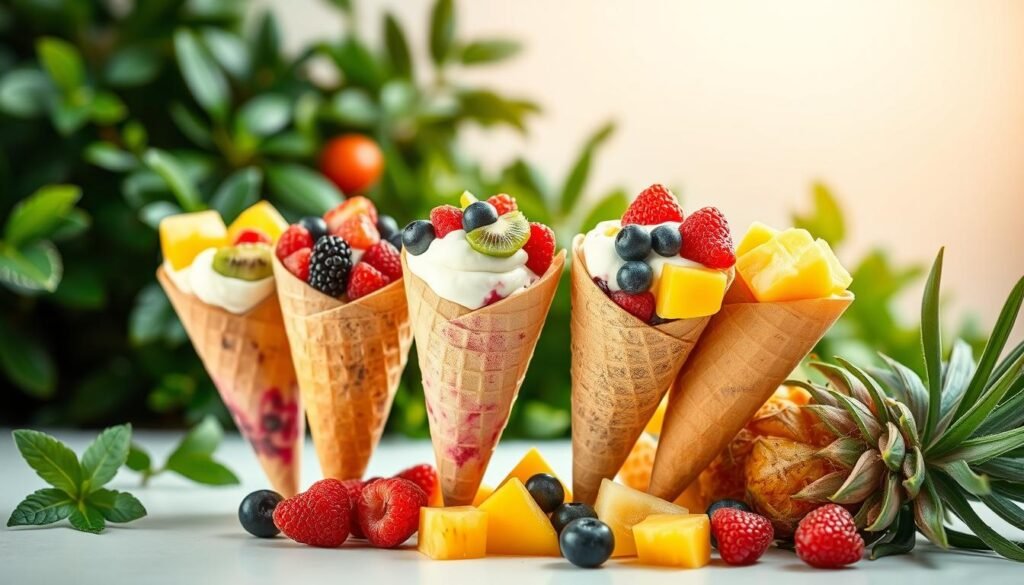 Rainbow fruit yogurt cones for nut-free breakfasts