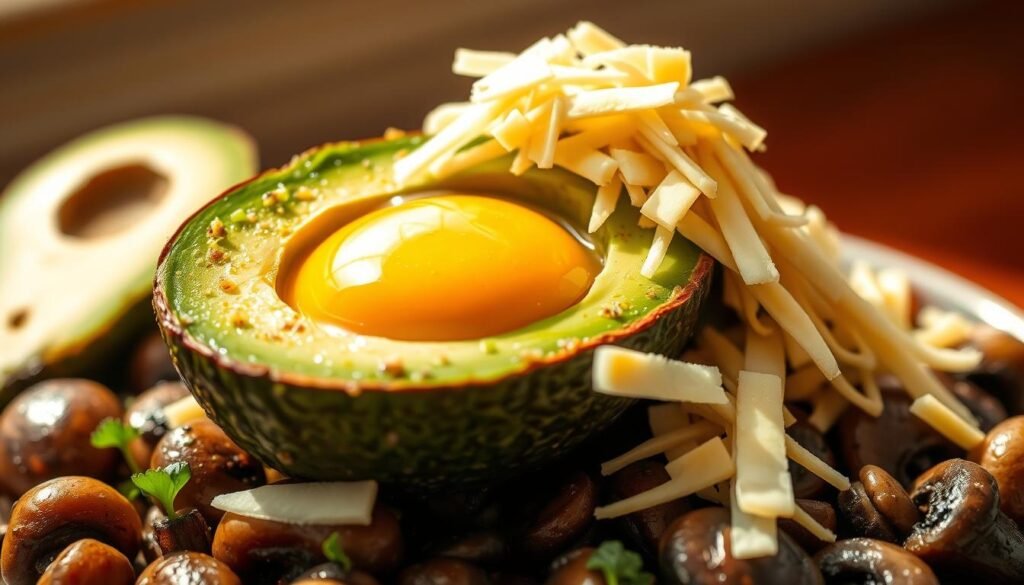 low-carb avocado breakfast with mushrooms and swiss cheese