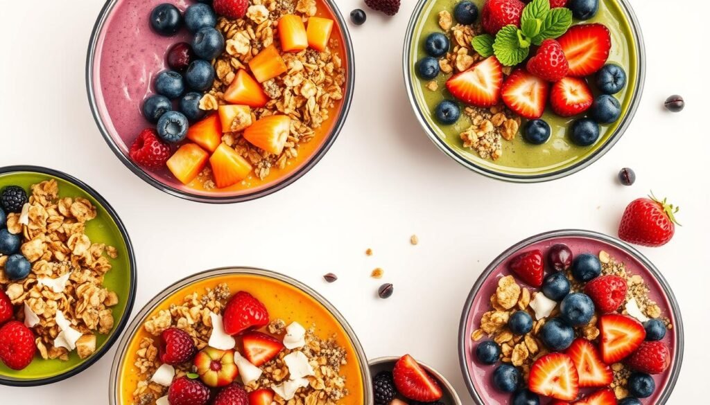 vegan breakfast smoothie bowls with toppings