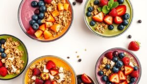 vegan breakfast smoothie bowls with toppings